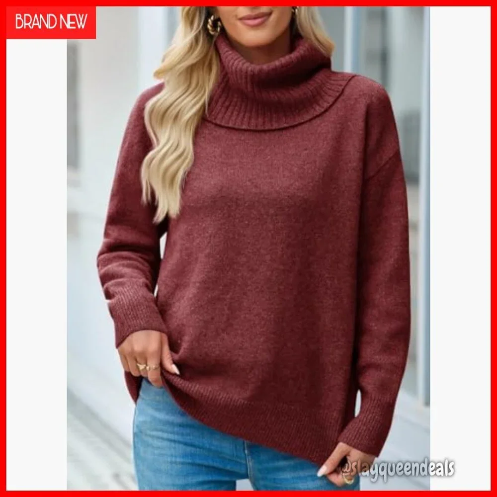 Soft Knit Turtleneck Pullover Sweater Loose Fit Long Sleeve Casual